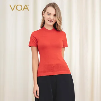 

VOA Solid Color Soft 60 Worsted Cashmere Sweater Women's Half-High Collar Short Sleeve Slim Straight Joker Pullover R1026