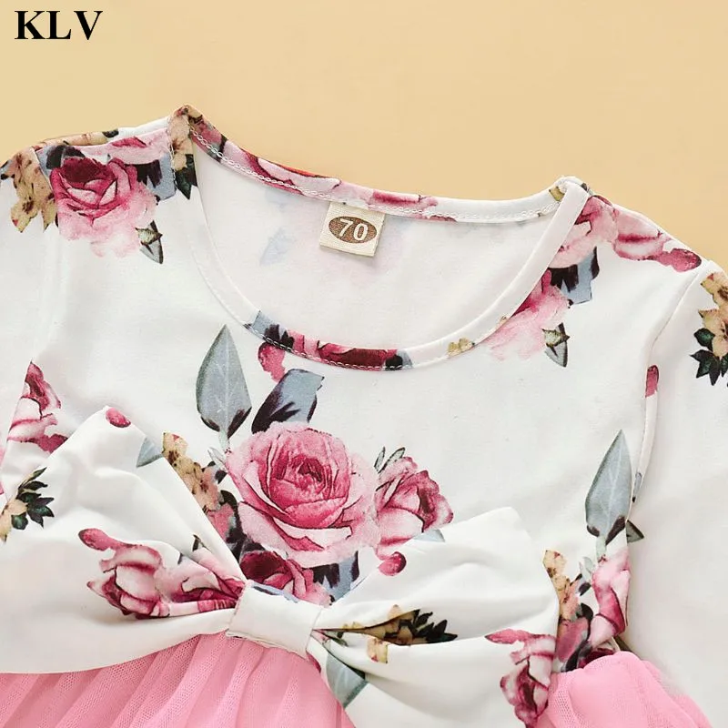 KLV платье для новорожденных девочек милое фатиновое платье с длинными рукавами и цветочным принтом+ повязка на голову, 2 предмета, вечерние платья для выпускного вечера для детей возрастом от 6 до 24 месяцев