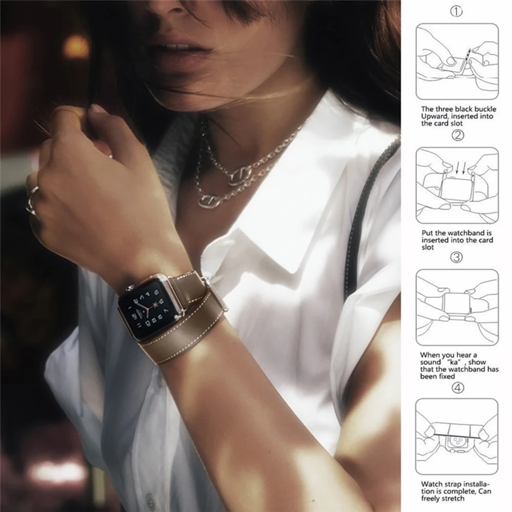 Двойной круг петля запястья кожаный браслет, ремешок для наручных часов Apple Watch, версия 1, 2, 3, ремешок 42 мм, 38 мм, ремешок для наручных часов Iwatch серии 4 5 40 мм 44 аксессуары