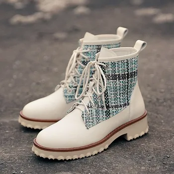 

MLJUESE 2020 women ankle boots cow leather winter short plush beige color lace up women riding boots party dress size 42