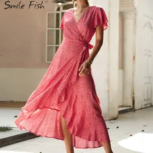 Женское платье с коротким рукавом, элегантное, лето, сексуальное, модное, новинка, в горошек, с поясом, Ассиметричное платье, богемное, до середины икры, v-образный вырез, M0128