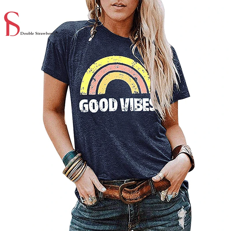 Женская футболка с коротким рукавом топ надписью Good Vibes короткими рукавами и