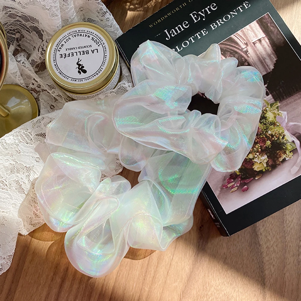 Women Statement Oversized Laser Luster Gauze Hair Ropes Scrunchy Elastic Hair Bands Multi Color