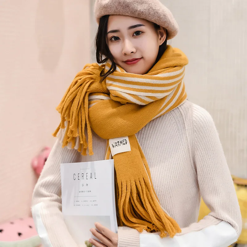 Stripe yellow Женские однотонные кашемировые шарфы, женские зимние плотные теплые мягкие пашмины шали, шали, палантины, розовый, черный, Женский вязаный шерстяной длинный шарф - Цвет: Stripe yellow