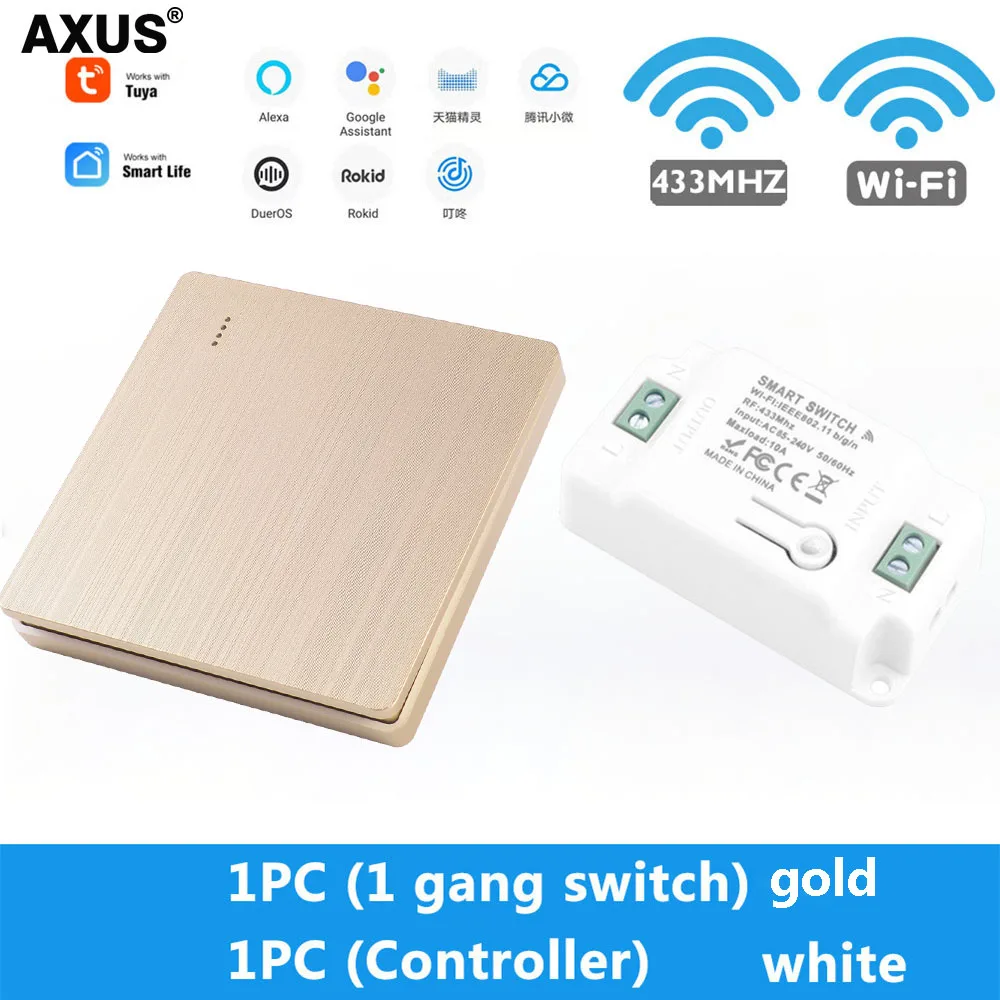 AXUS Tuya Wall Smart WiFi Push Button Switch RF 433Mhz Light Switch Wireless Remote Controller Relay Module Google Home Alexa remote light switch control Wall Switches