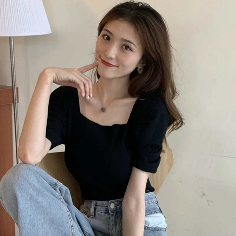 

EFinny Women T-shirt Summer Korean Style Square Collar Short Sleeve Tshirt Fashion Knitted Slim Fit Solid Color Tops