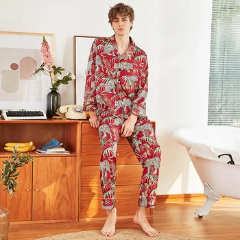 

Men Print Satin Pajamas Sets Long Sleeve with Pants Silk Pijama Summer Sleepwear Pyjama Elegant Nightwear Nightsuits