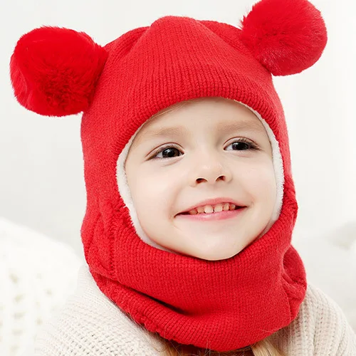 Теплый детский шарф с капюшоном, шапка, комплект, зимняя шапка с ушками для мальчиков, толстая двухслойная теплая шапка для детей 2-7 лет - Цвет: 1