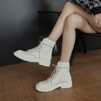 

2020 Boots Women Autumn Ankle Boots Genuine Leather Motorcycle Boots Fashion Lace Up Round Toe Shoes for Women