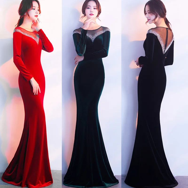 

Luxury Autumn winter Women Sexy Backless velvet Long sleeve Evening Dresses Female Elegant Maxi long Party Dress RED Gowns Robe