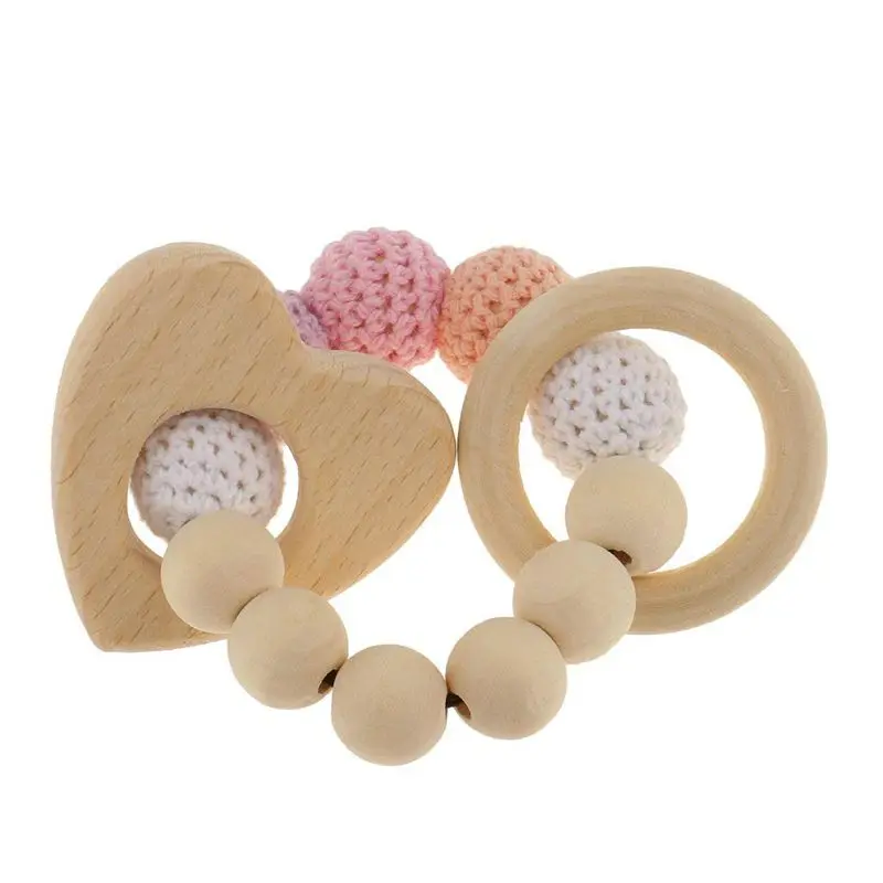 Promo  1 pc pearl teething rings wooden infant rattle toy baby teething accessories - multicolored - heart
