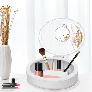 

LED Makeup Organizer With Mirror 10X Magnification 3 Colors Lighting Modes Portable Dust-proof Storage Box For Home Travel Use