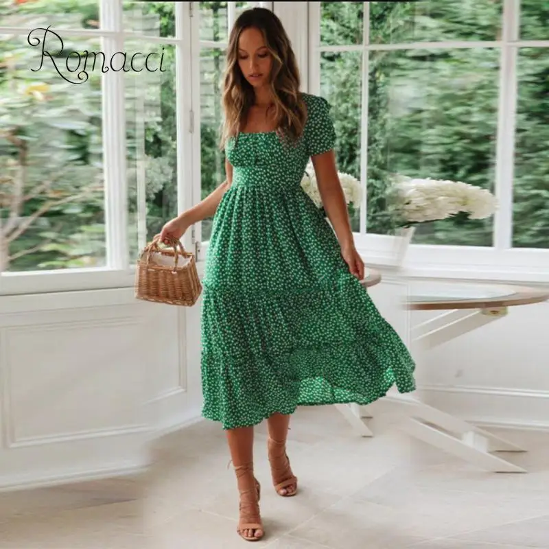 

Vintage Women Floral Print Dress Square Neck High Waist Cascading Ruffles A-Line Holiday Casual Midi Dress Women Summer Sundress