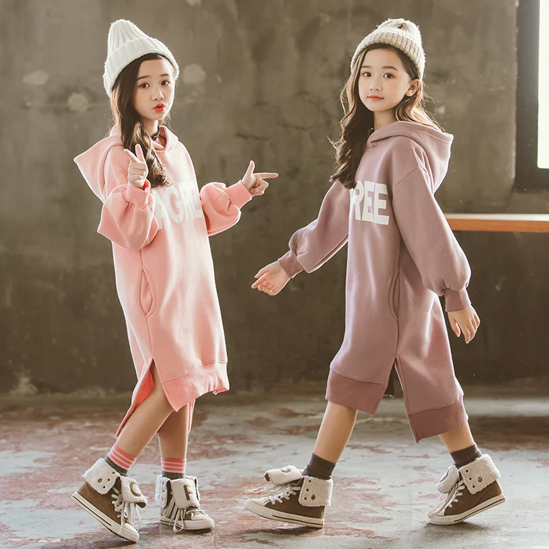 Kids Girls Fleece Dress Fall Winter New Big Girls Long Sleeve Thick Hoodie Dresses Casual Girls Hooded Long Coat Girls Clothes