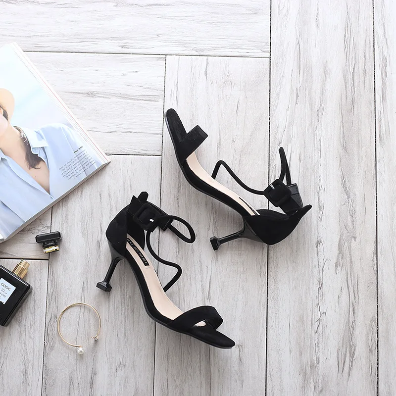 

1819-3 Sandals Women's 2019 New Style High Heel Shoes Women's Thin Heeled-Versatile-Style Thin Drawstring Kitten Heels Peep-Toe