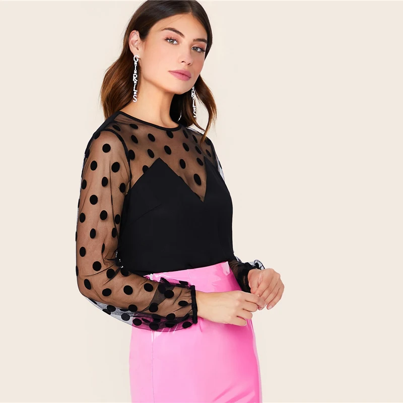 SHEIN черный Добби сетки плеча Бюстье Блузка Топ из органди для женщин Весна Осень Бишоп рукав Твердые Замочная скважина сзади сексуальные блузки