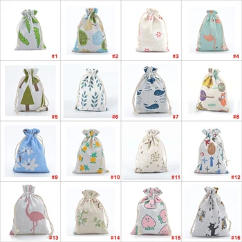 

50pcs 13x18cm Cartoon Drawstring Printing Multicolor Vintage Natural Burlap Gift Candy Bags Jewelry Wedding Candy Jute Pouch