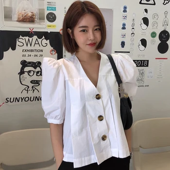 

Korean Style Women Shirts Summer New 2020 V-neck Solid Color Ladies Blouses and Tops Puff Sleeve Short Sleeve Women Clothing