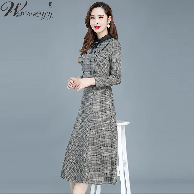 

Женское облегающее платье в клетку на весну и осень, повседневное винтажное платье с длинным рукавом, новинка 2022 года, платье больших размеров с воротником Питер Пэн, платье на день рождения