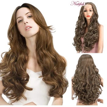 

Natifah 28Inch Brown Long Wavy Wig Synthetic Lace Front Wigs Middle Part Heat Resistant For Women Cosplay