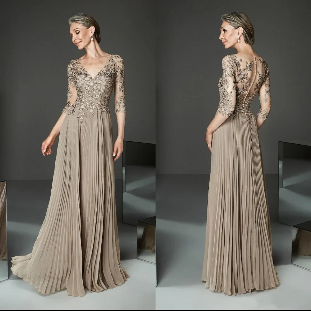 

New Elegant Champagne Gold Ruched Evening Dresses Half Sleeve Long Prom Gwon 2021 Wedding Party Guest Dress femme robe de soiree