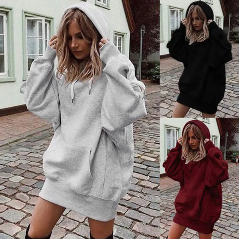  2019 Women Autumn Winter Hoodies Long Loose Thicken Hooded Drawstring Solid Color Long Sleeve Sweat