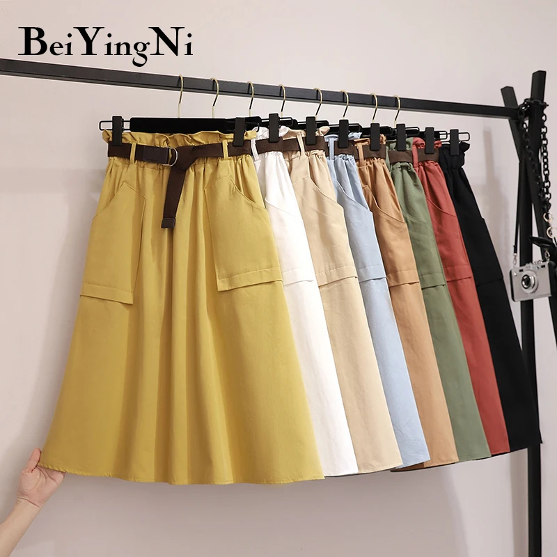 

Beiyingni Spring Autumn Midi Skirt Women Belt Pockets Cotton High Waist Vintage Skirts Preppy Casual Skirts Womens Korean Saias