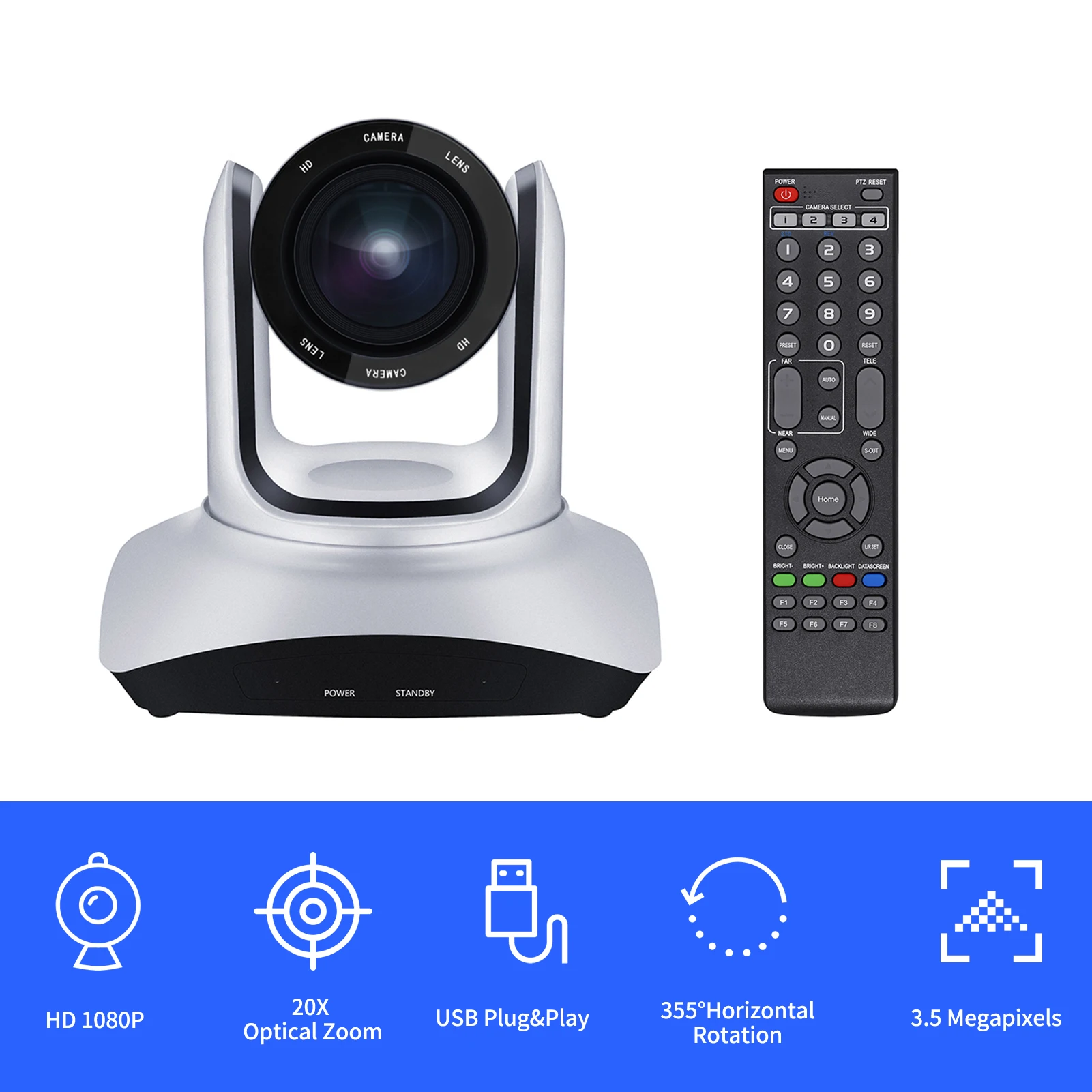 Conference PTZ Camera Wall Mount WebCam 20X Optical Zoom USB Connection with Remote Controller Compatible with Windows Mac