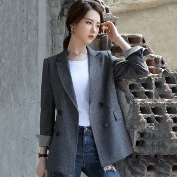 

Vintage Notched Double Breasted Plaid Women Long Blazer Jackets Female Retro Suits Coat Ladies Work Blazers