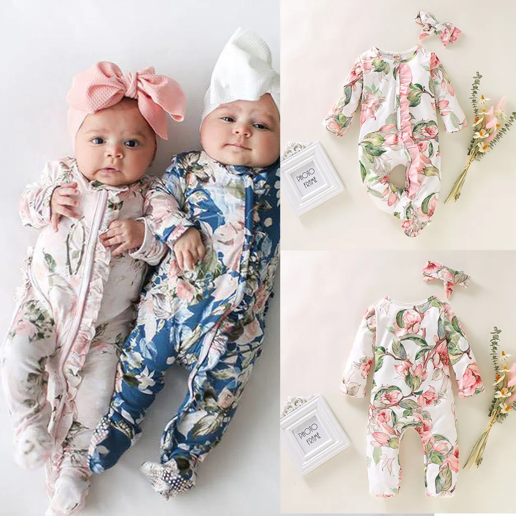 Infant Baby Girl Boy Full Length Footed Sleeper Romper Headband JUmpsuit Outfits 