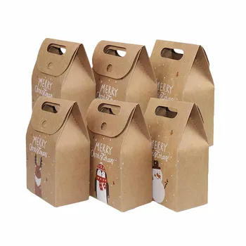 

6Pcs Retro Candy Cookies Kraft Paper Bag with Handle Christms Gift Packaging Party Favor Boxes Light Brown