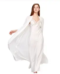 Sexy Sling Dress Sleeping Robe Two-Piece Faux Silk Sleepwear Women Elegant Lady Lace Long-Sleeve Nightgowns Bathrobes