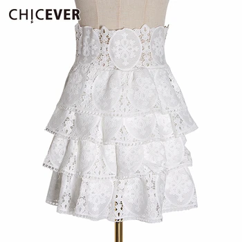

CHICEVER Casual Embroidery Women's Skirts High Waist Hollow Out Ruffles Lace Skirt For Female Fashion Clothing 2020 Tide