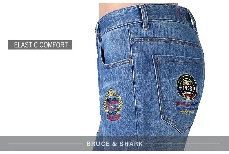 Брюс и Акула, Осенние Новые мужские джинсы, модные, повседневные, высокое качество, вышивка, прямые ноги, хлопок, тяжелый вес, полный размер 28-42, 8265