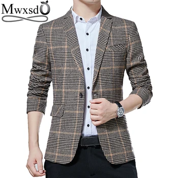 

Mwxsd autumn casual men plaid striped Blazer Suit jacket Mens single button blazer jacket Slim fit blazer masculino hombre