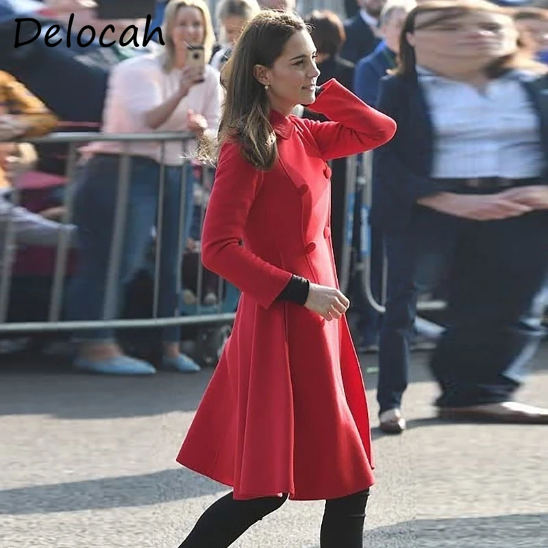 

Delocah Autumn Women Fashion Runway Blends Coat Princess Kate Long Sleeve Double Breasted Red Print Ladies Warm Coats Overcoat