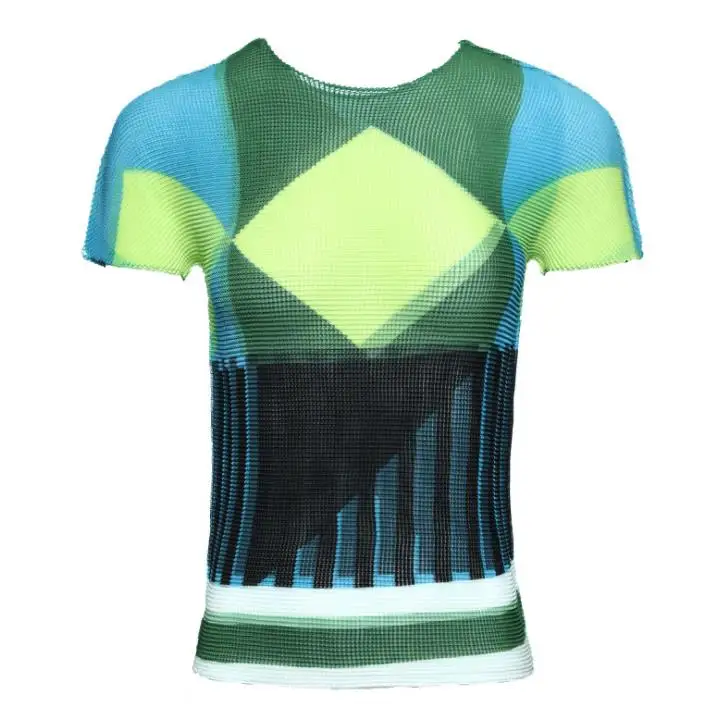 Новая летняя футболка с круглым вырезом и принтом Miyake fold, облегающая футболка с короткими рукавами, женские топы
