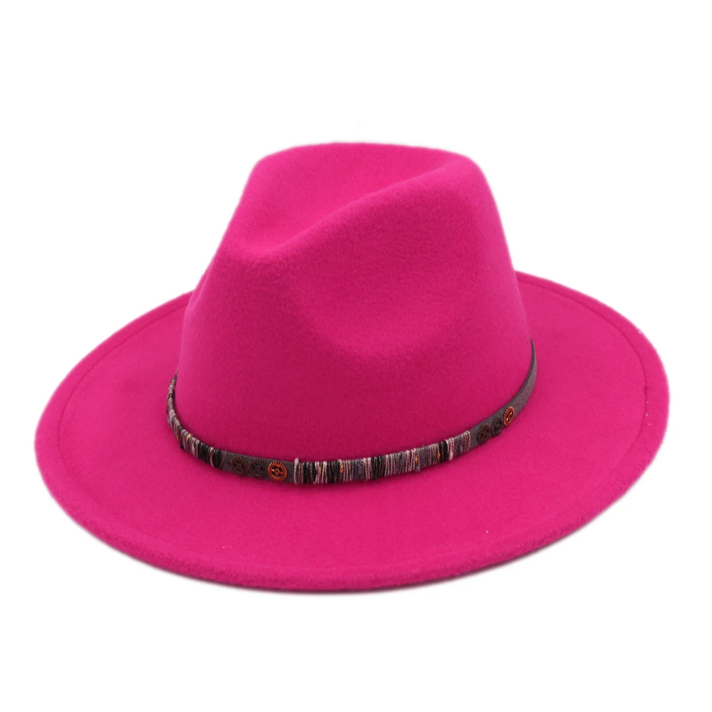 Mistdawn модная унисекс Панама шляпа с широкими полями шляпа Fedora зимняя теплая полушерстяная Кепка стимпанк стиль Hatband размер 56-58 см - Цвет: Rose Red