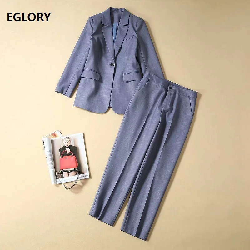 

High Quality New 2019 Autumn Fashion Blazer Sets Women Notched Collar Single Button Blazer Jacket+Ankle Length Pant Set Female