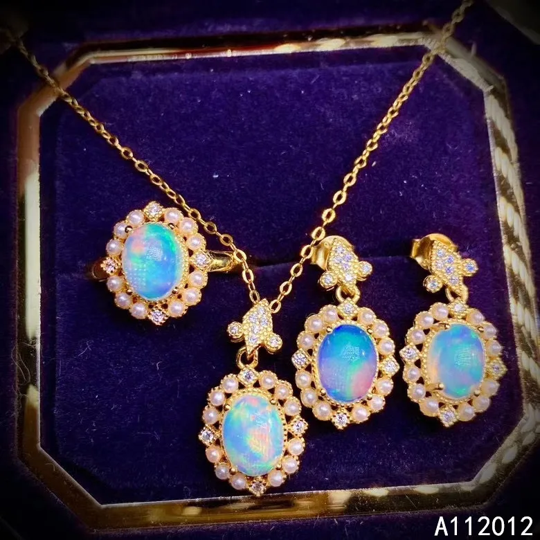 

KJJEAXCMY fine jewelry natural opal 925 sterling silver popular girl gemstone pendant necklace earrings ring set support test