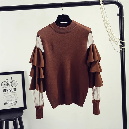 khaki pullovers Neploe, модный винтажный вязаный женский свитер, весна-осень, Свободный джемпер с оборками и рукавами-фонариками, пуловер, топы для женщин, 91192 - Цвет: khaki pullovers