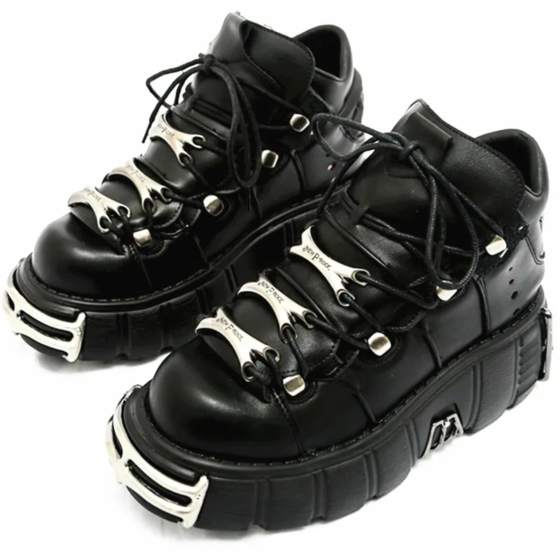 

2020 Punk Style Women Sneakers Lace-up 6CM Platform Shoes Woman Creepers Female Casual Flats Metal Decor