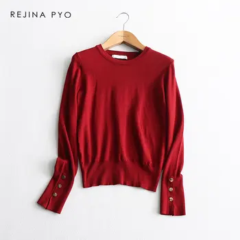 

BIAORUINA Women Solid Basic Casual O-neck Knitted Sweater Mental Buttons Decoration Female All-match Everyday Sweater Pullovers