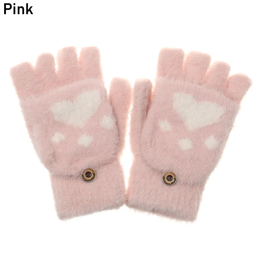 pink Зимние теплые бархатные перчатки для мальчиков и девочек; шерстяные перчатки без пальцев с милым когтем кошки; детские вязаные пушистые перчатки с откидной крышкой - Цвет: pink