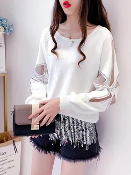

Sequins beading patchwork sweater women o-neck loose long sleeve Pullover 2019 autumn new arrival modis tops White sweaters