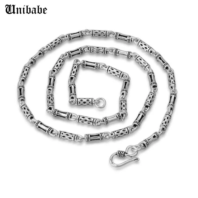 Pure Silver Vintage Hexagonal Column Geometric Patterns Link Chain S925 Sterling Silver Retro Long Chain Necklace Male Man Woman