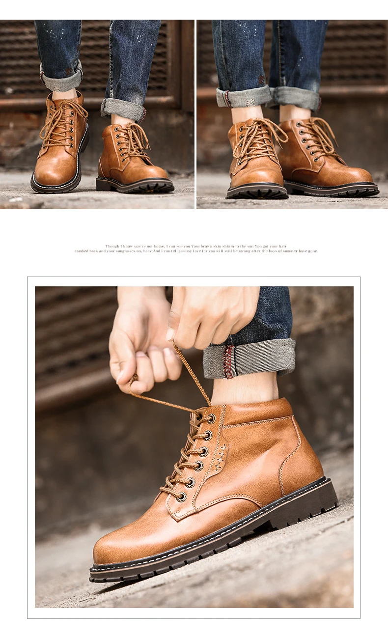 Fashion Vintage Men Lace-Up Autumn Winter Cow Split Leather Boots Men Waterproof Work Tooling Casual Ankle Men Boots