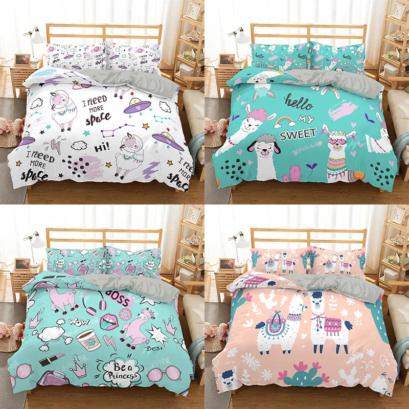 

3PCS Cartoons lovely Alpaca Pattern Bedding Set Queen Size Duvet Cover Comforter Bed Cover Set Bedclothes Quilt Multiple Size