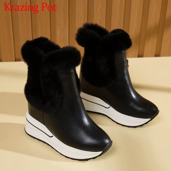 

Krazing Pot super keep warm winter snow boots genuine leather plush thick bottom height lncreasing women fashion ankle boots L35