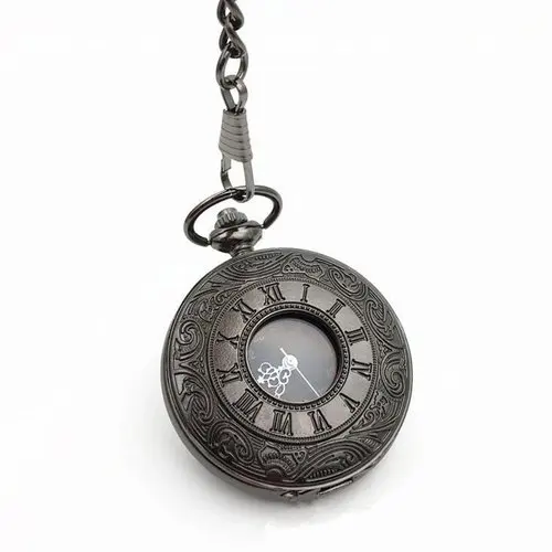 Черный Pocketwatch винтажные шармунисекс модные римские цифры Кварцевые в стиле стимпанк женские карманные часы мужское ожерелье с подвеской с цепочкой